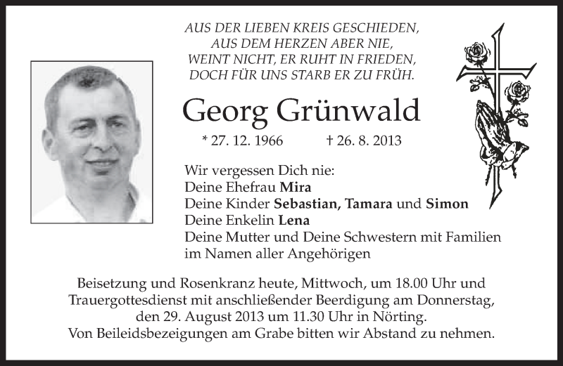  Traueranzeige für Georg Grünwald vom 28.08.2013 aus merkurtz