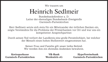 Traueranzeige von Heinrich Sedlmeir von merkurtz