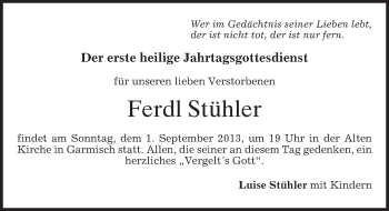 Traueranzeige von Ferdl Stühler von merkurtz