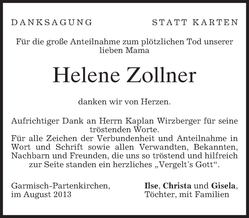  Traueranzeige für Helene Zollner vom 31.08.2013 aus merkurtz