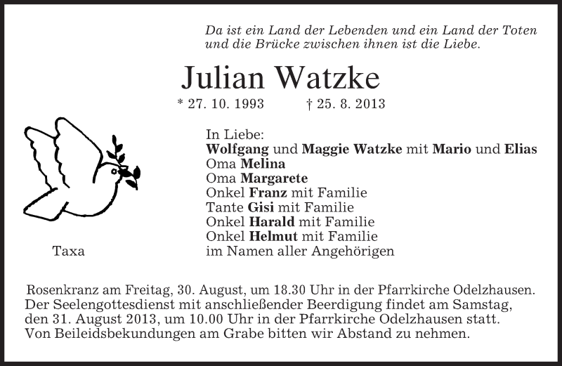 Traueranzeige für Julian Watzke vom 29.08.2013 aus merkurtz