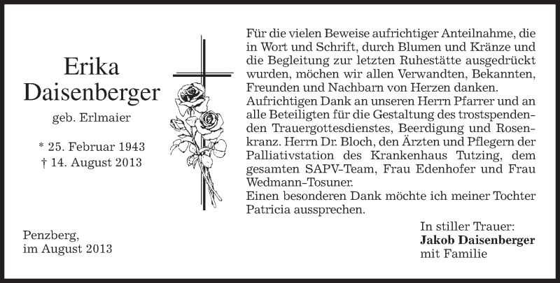  Traueranzeige für Erika Daisenberger vom 31.08.2013 aus merkurtz