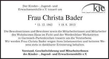 Traueranzeige von Christa Bader von merkurtz