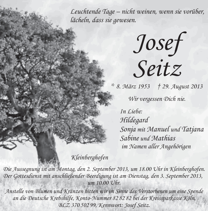  Traueranzeige für Josef Seitz vom 31.08.2013 aus merkurtz