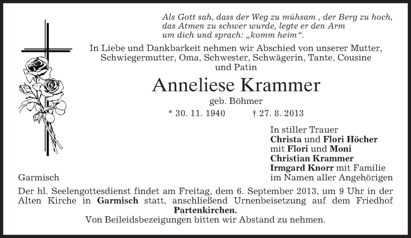  Traueranzeige für Anneliese Krammer vom 03.09.2013 aus merkurtz