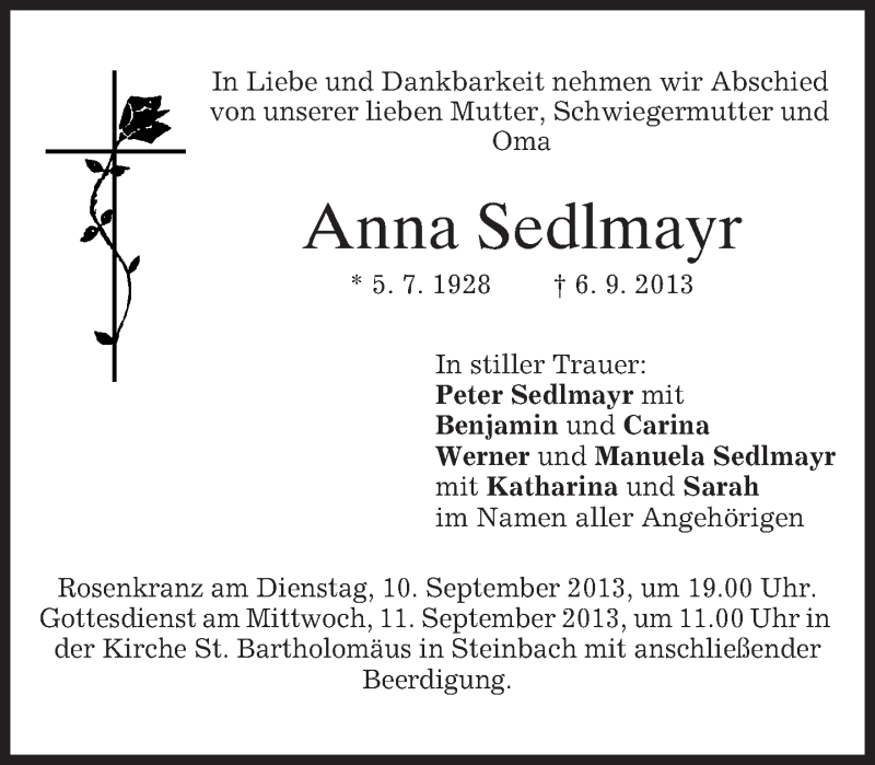  Traueranzeige für Anna Sedlmayr vom 09.09.2013 aus merkurtz