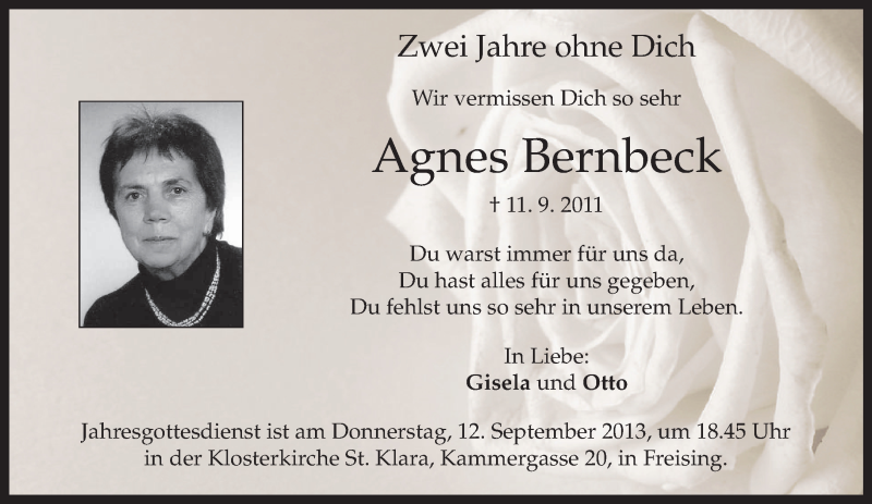  Traueranzeige für Agnes Bernbeck vom 11.09.2013 aus merkurtz
