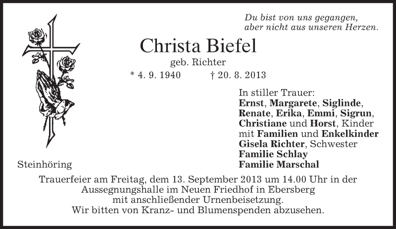  Traueranzeige für Christa Biefel vom 10.09.2013 aus merkurtz