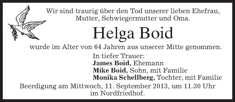  Traueranzeige für Helga Boid vom 10.09.2013 aus merkurtz