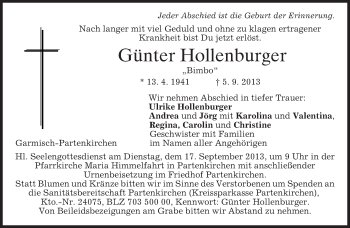 Traueranzeige von Günter Hollenburger von merkurtz