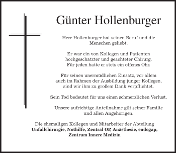 Traueranzeige von Günter Hollenburger von merkurtz