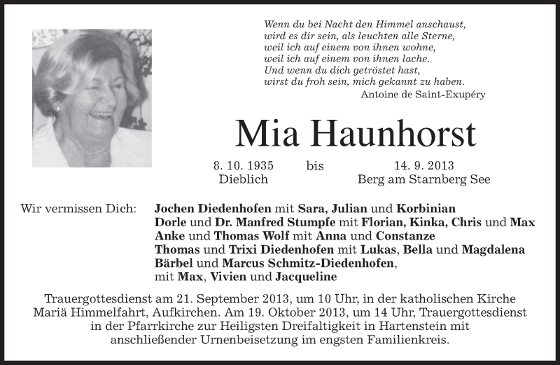  Traueranzeige für Mia Haunhorst vom 18.09.2013 aus merkurtz