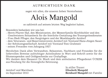 Traueranzeige von Alois Mangold von merkurtz