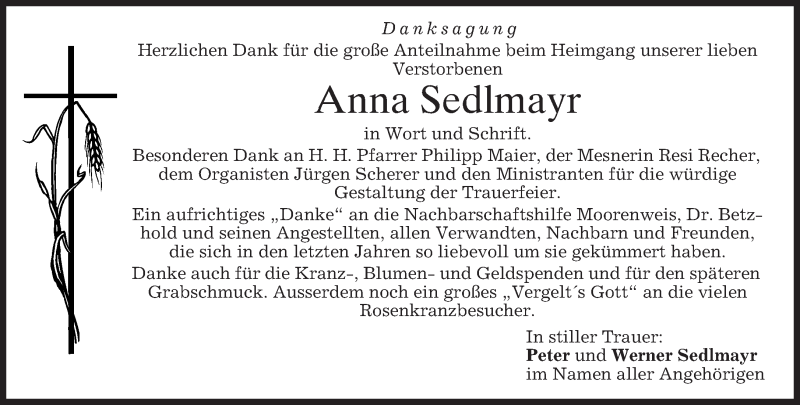  Traueranzeige für Anna Sedlmayr vom 21.09.2013 aus merkurtz