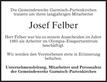 Traueranzeige von Josef Felber von merkurtz