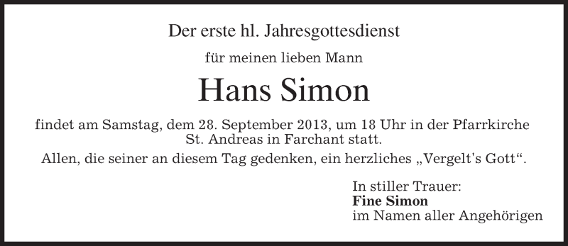  Traueranzeige für Hans Simon vom 21.09.2013 aus merkurtz
