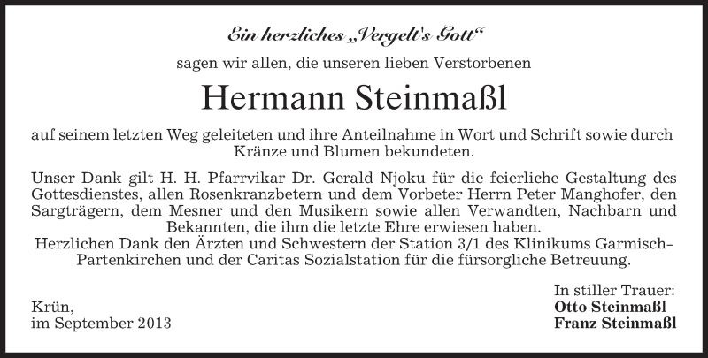  Traueranzeige für Hermann Steinmaßl vom 21.09.2013 aus merkurtz