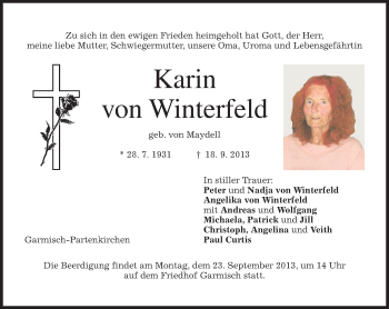 Traueranzeige von Karin von Winterfeld von merkurtz