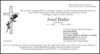 Traueranzeige von Josef Bader von merkurtz