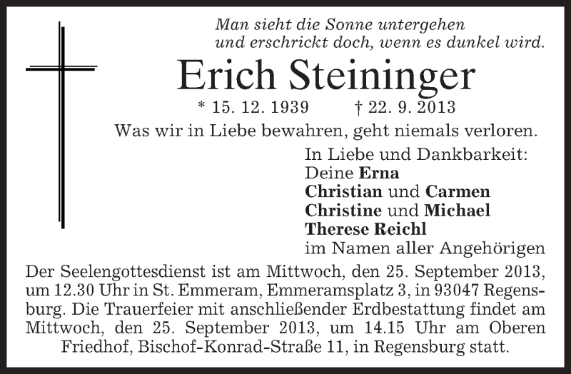  Traueranzeige für Erich Steininger vom 24.09.2013 aus merkurtz