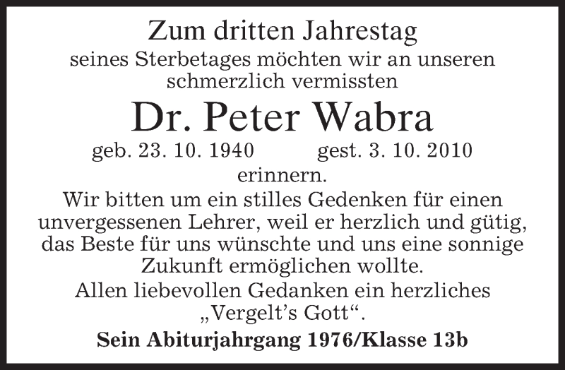  Traueranzeige für Peter Wabra vom 02.10.2013 aus merkurtz