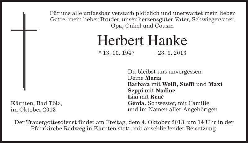  Traueranzeige für Herbert Hanke vom 02.10.2013 aus merkurtz
