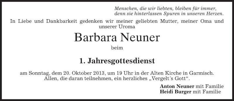  Traueranzeige für Barbara Neuner vom 19.10.2013 aus merkurtz
