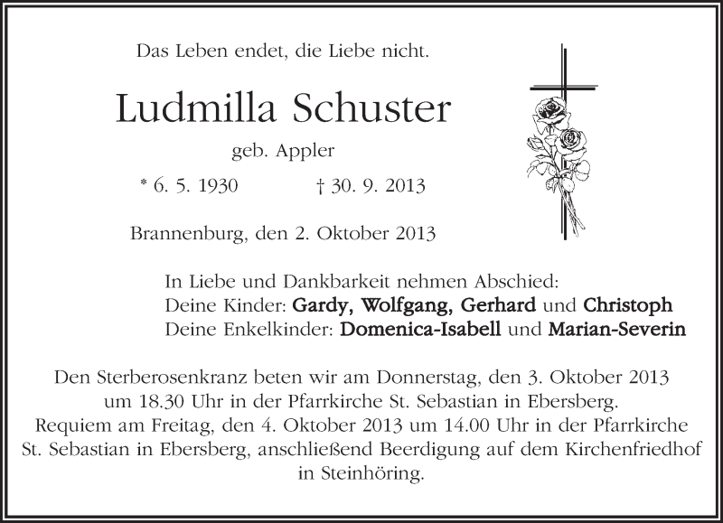  Traueranzeige für Ludmilla Schuster vom 02.10.2013 aus merkurtz