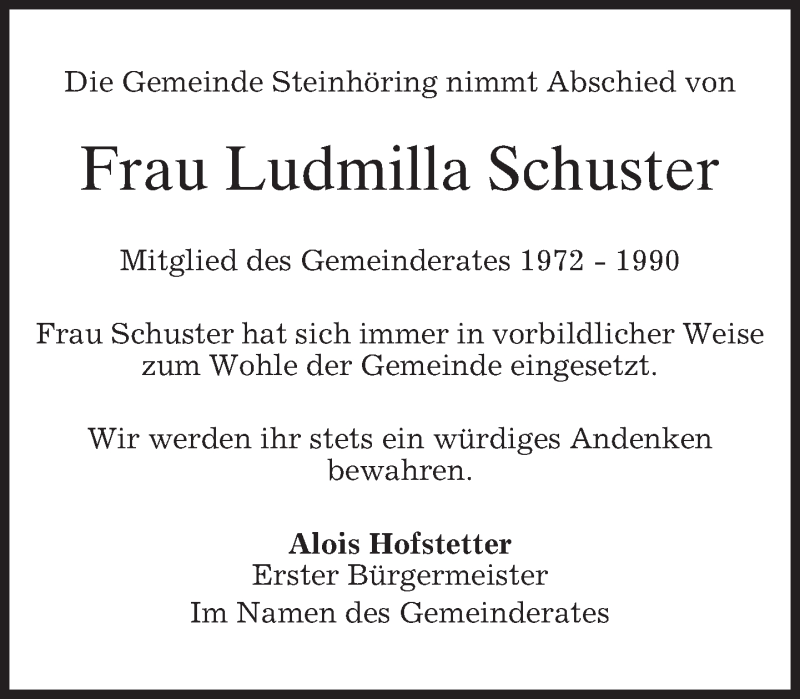  Traueranzeige für Ludmilla Schuster vom 04.10.2013 aus merkurtz
