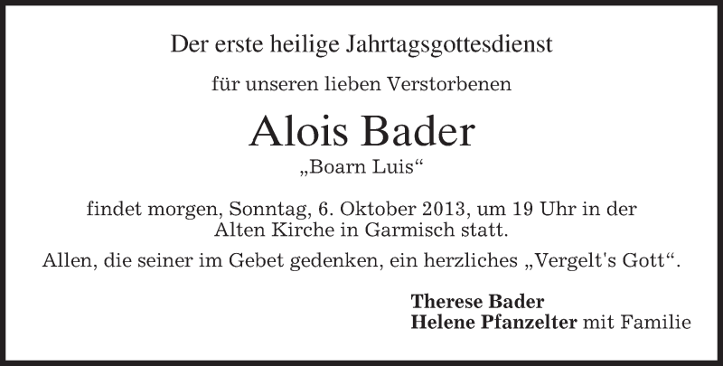  Traueranzeige für Alois Bader vom 05.10.2013 aus merkurtz
