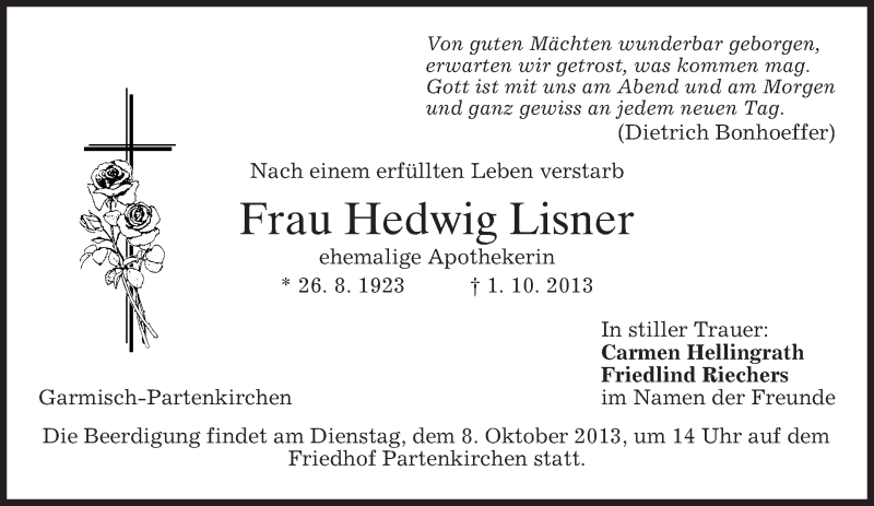  Traueranzeige für Hedwig Lisner vom 05.10.2013 aus merkurtz