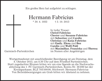 Traueranzeige von Hermann Fabricius von merkurtz