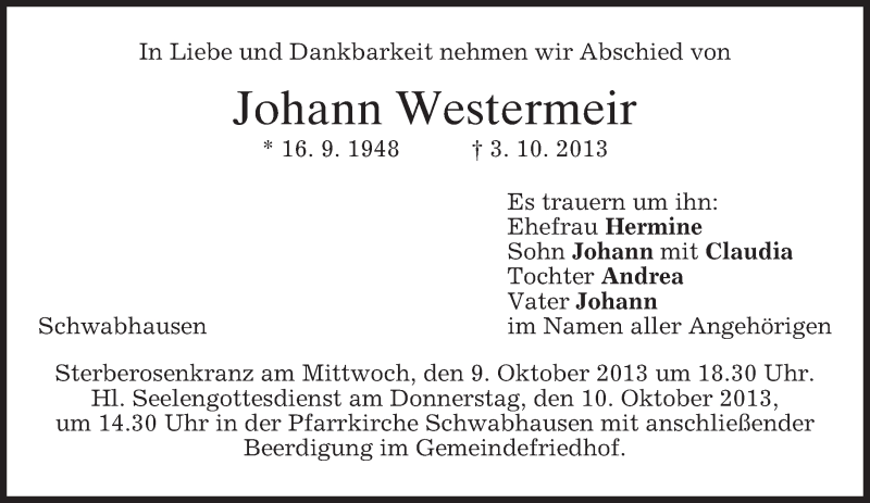  Traueranzeige für Johann Westermeir vom 07.10.2013 aus merkurtz
