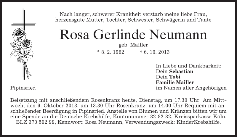  Traueranzeige für Rosa Gerlinde Neumann vom 08.10.2013 aus merkurtz