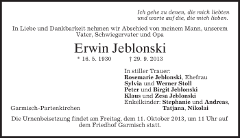 Traueranzeige von Erwin Jeblonski von merkurtz