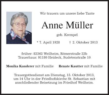 Traueranzeige von Anne Müller von merkurtz