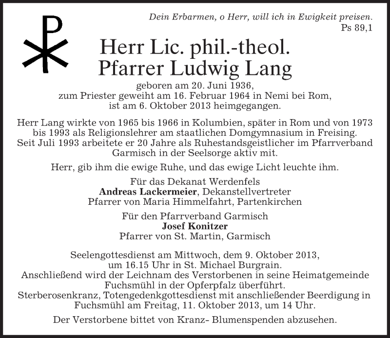  Traueranzeige für Ludwig Lang vom 08.10.2013 aus merkurtz