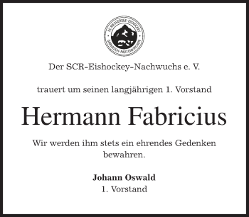 Traueranzeige von Hermann Fabricius von merkurtz
