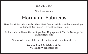 Traueranzeige von Hermann Fabricius von merkurtz