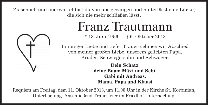  Traueranzeige für Franz Trautmann vom 09.10.2013 aus merkurtz