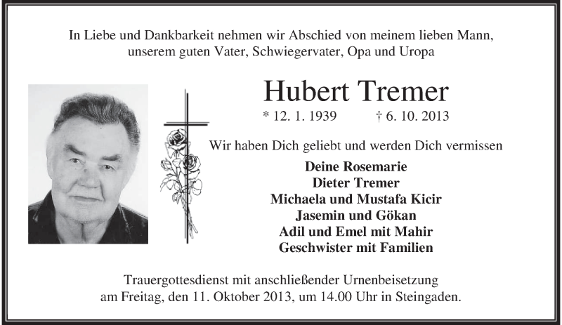  Traueranzeige für Hubert Tremer vom 09.10.2013 aus merkurtz
