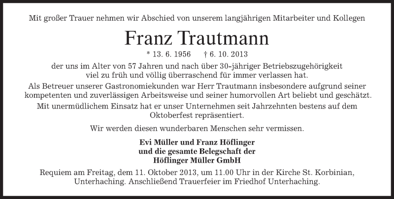  Traueranzeige für Franz Trautmann vom 09.10.2013 aus merkurtz