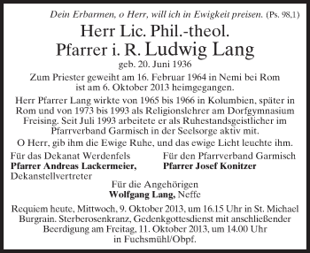 Traueranzeige von Ludwig Lang von merkurtz