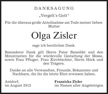 Traueranzeige von Olga Zisler von MERKUR & TZ