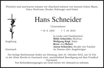 Traueranzeige von Hans Schneider von merkurtz