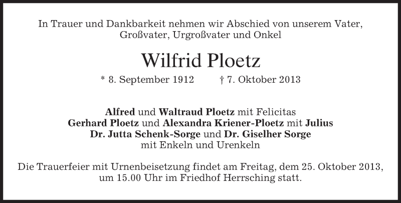  Traueranzeige für Wilfrid Ploetz vom 12.10.2013 aus merkurtz