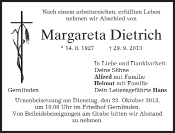 Traueranzeige von Margareta Dietrich von merkurtz