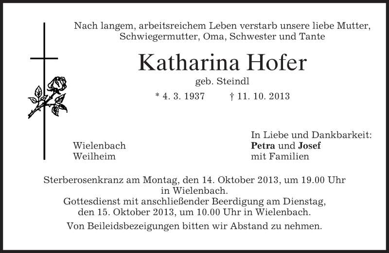  Traueranzeige für Katharina Hofer vom 14.10.2013 aus merkurtz