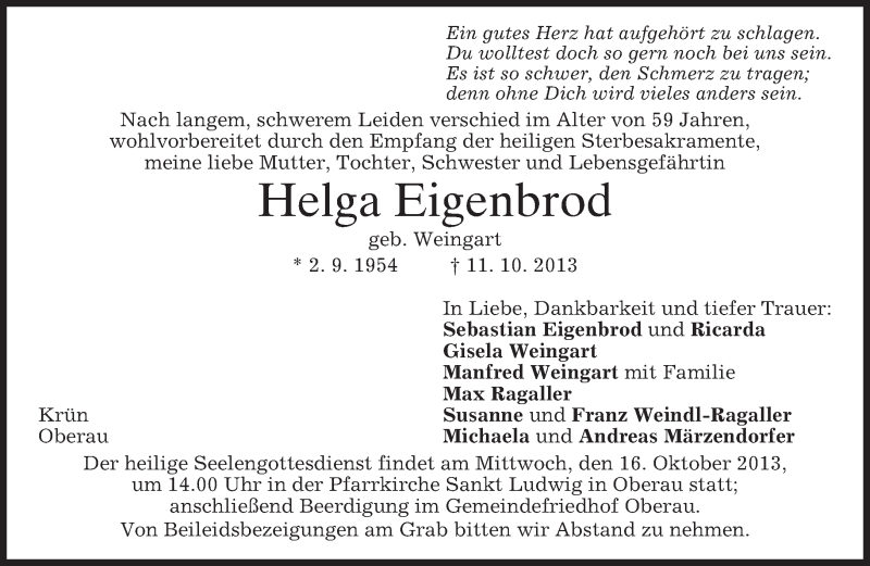  Traueranzeige für Helga Eigenbrod vom 14.10.2013 aus merkurtz