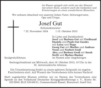 Traueranzeige von Josef Gut von merkurtz